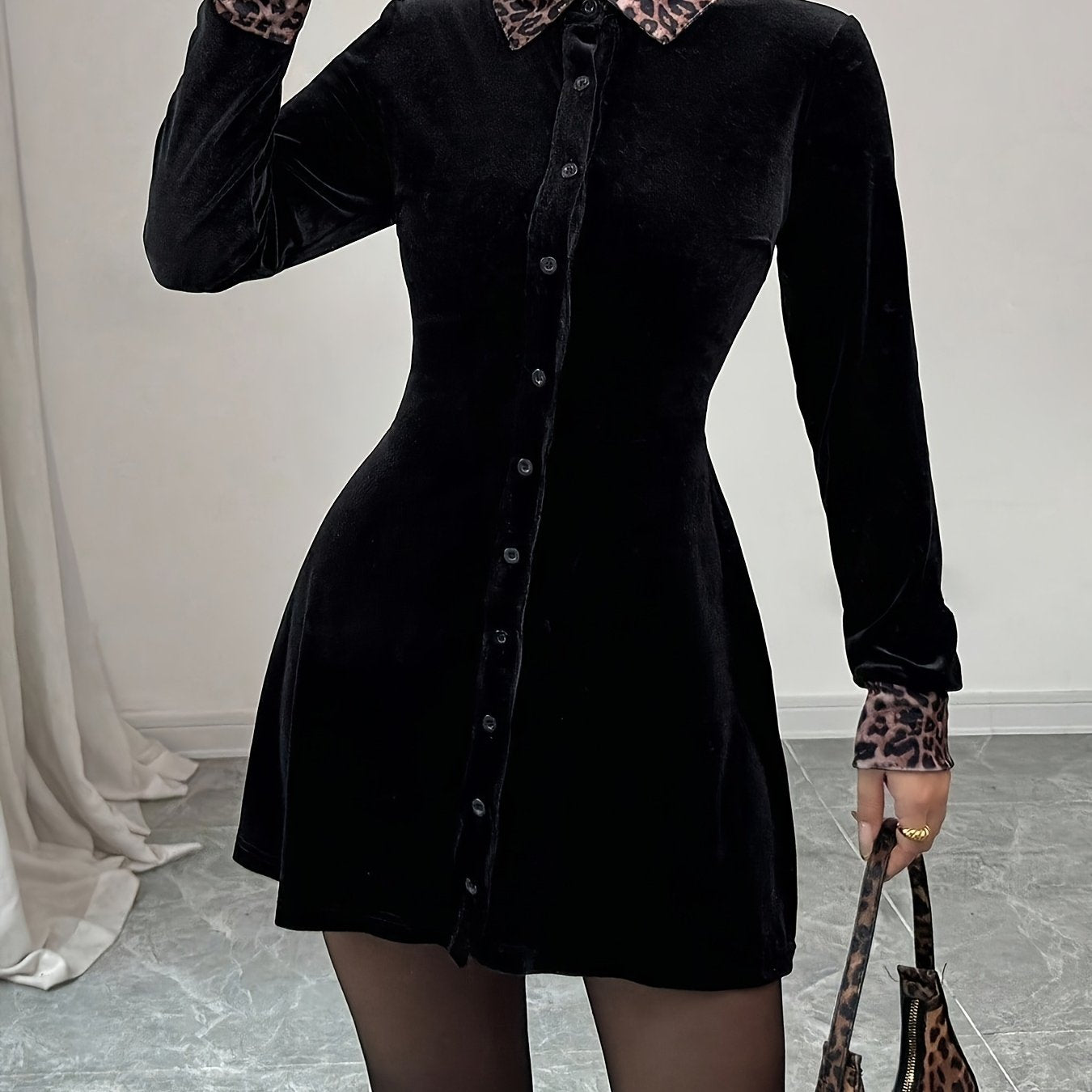 Faux Fur-like Texture A-Line Dress with Leopard Print Collar & Long Sleeves