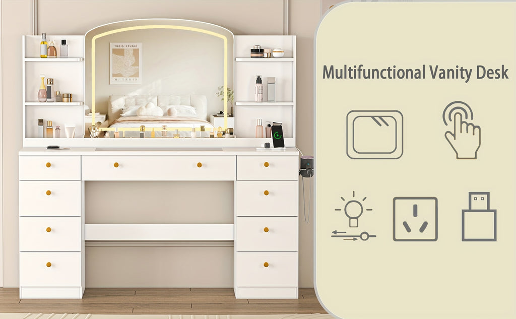 Modern White Makeup Vanity Desk with Large LED Mirror & Charging Station