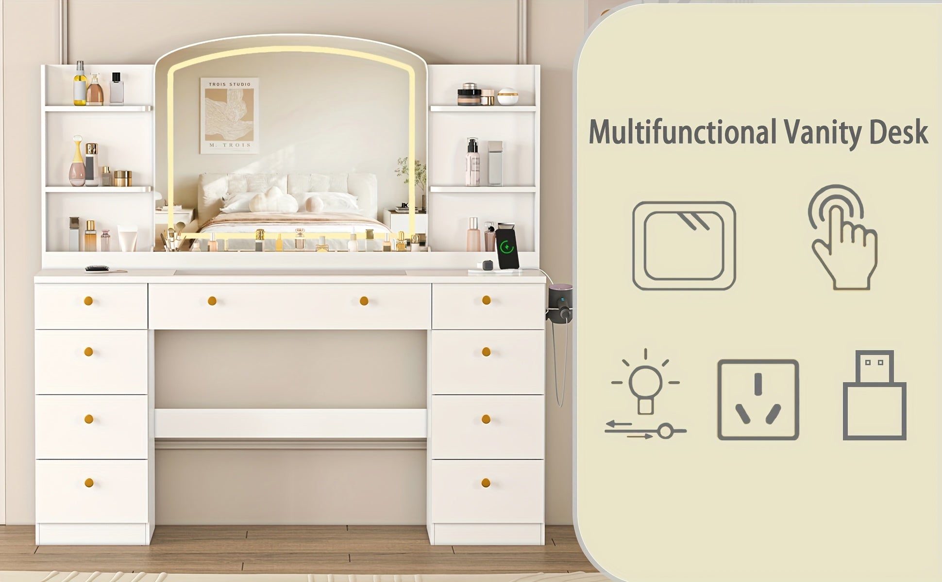 Modern White Makeup Vanity Desk with Large LED Mirror & Charging Station