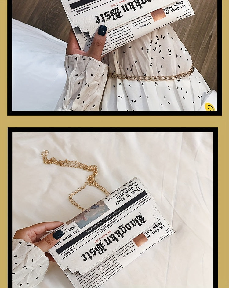Trendy Chain Crossbody Newspaper Clutch Bag - Women's Envelope Flap Purse For Party Prom