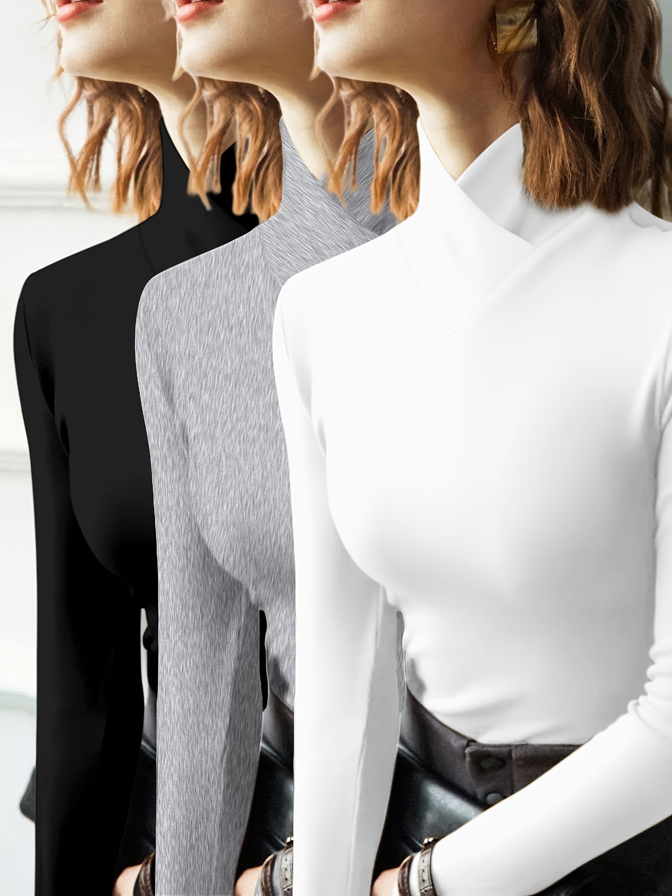 Women's Sexy Solid Color T-Shirt Set, Slim Fit Long Sleeve High Neck Pullover Top