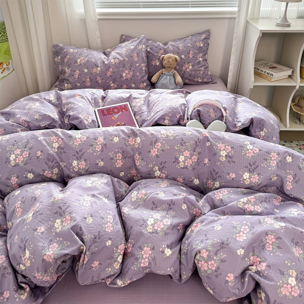 Hibiscus Pattern Fresh Style 4pcs Bedding Set (1 Duvet Cover + 1 Fitted Sheet + 2 Pillowcases)