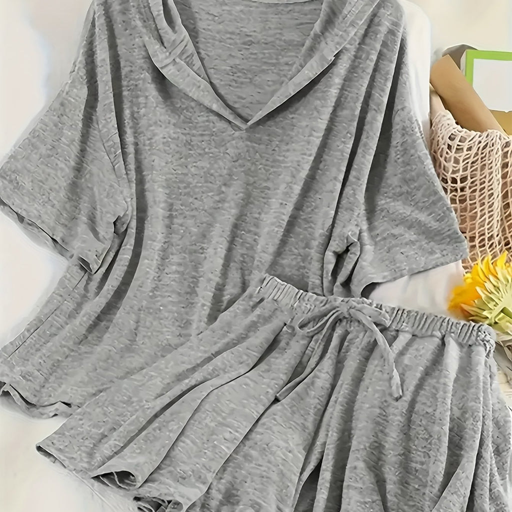 Casual Solid Color Hoodie Sweatshirt and Drawstring Shorts Set