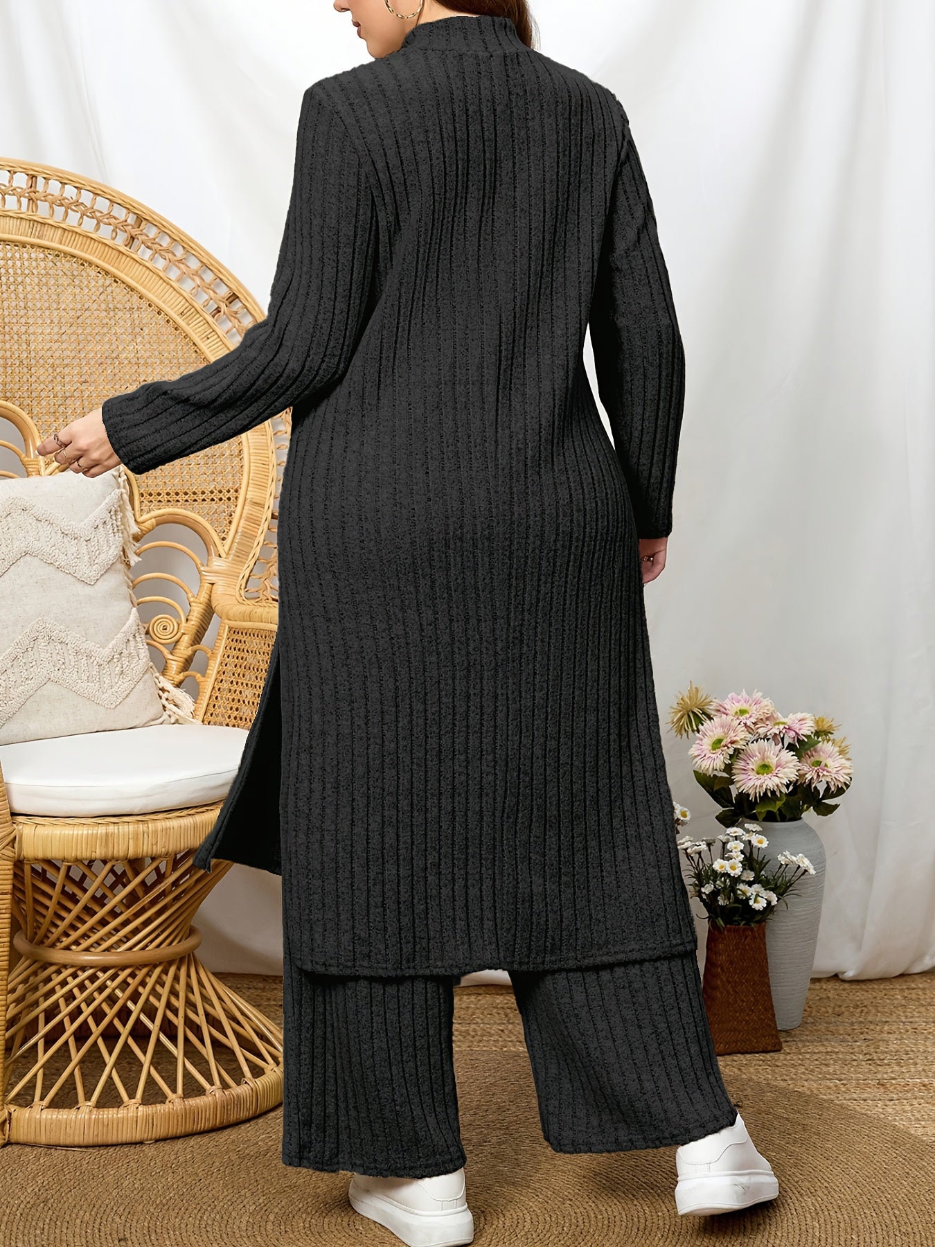 High Neck Ribbed Top + Pants Casual Set