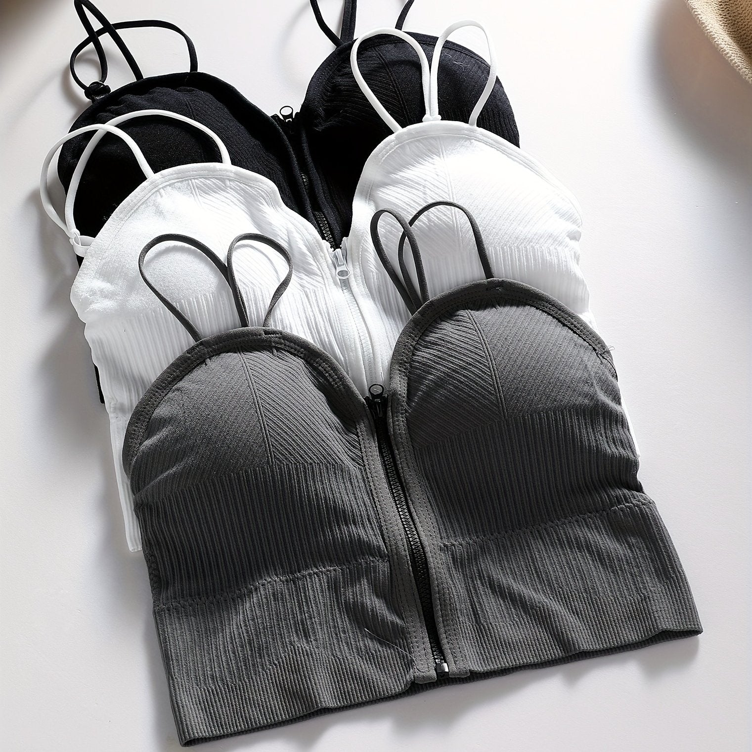 {3pcs} Basic Front-Zip Round Cup Casual Cami Tank Tops