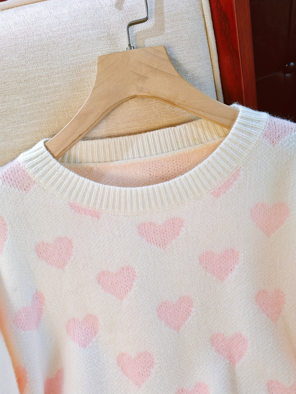Women'S Pink Heart Sweater - Soft & Cozy Long Sleeve Pullover with Round Neck, Elegant Casual to Formal Wear, All-Season Comfort, Casual Wear Sweater | Round Neck Sweater | Soft Texture