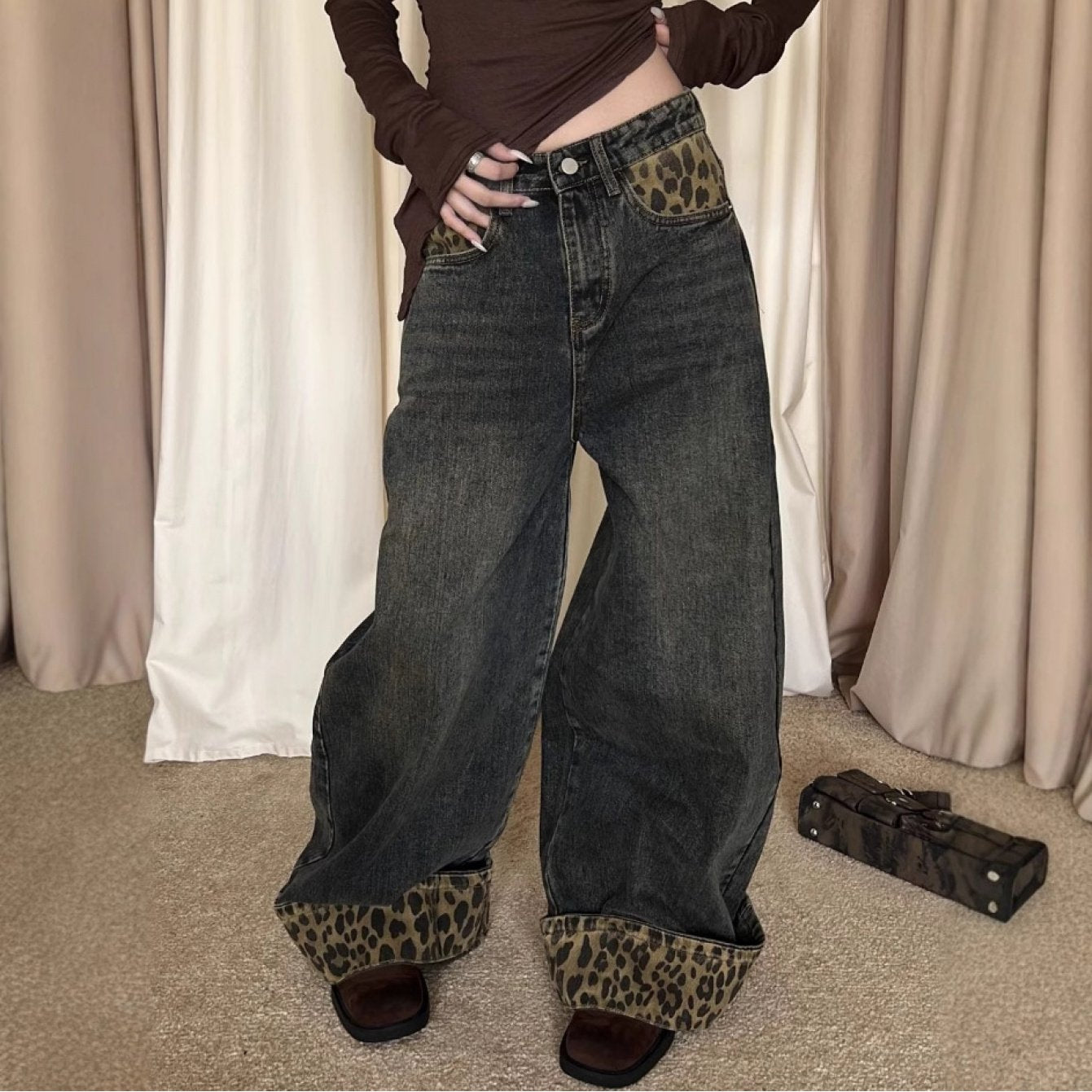 Vintage Leopard Print Cuffed Denim Pants