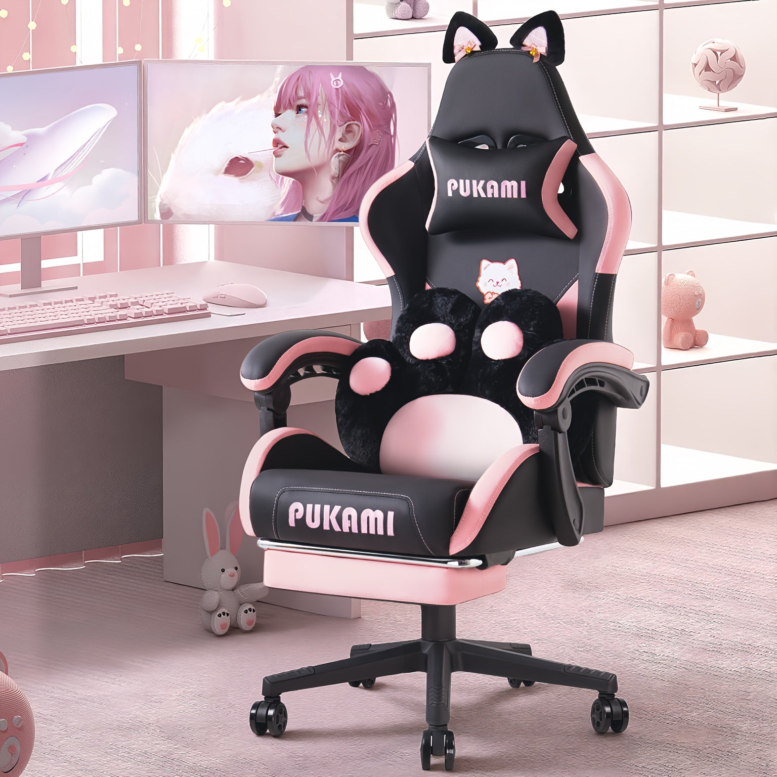 Pink Kawaii Cat Ear Gaming Chair with Paw Cushion