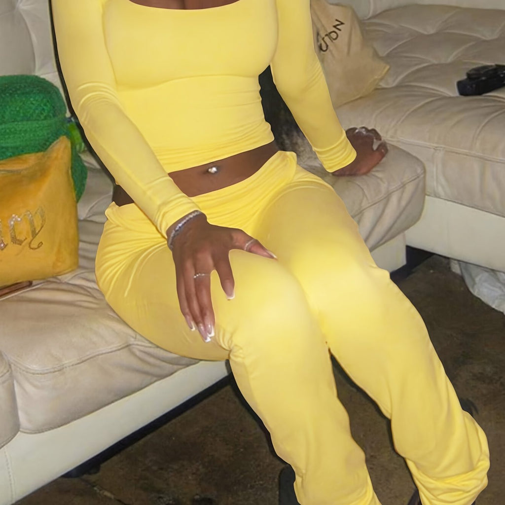 Square Neck Crop Top & Wide-Leg Pants Set