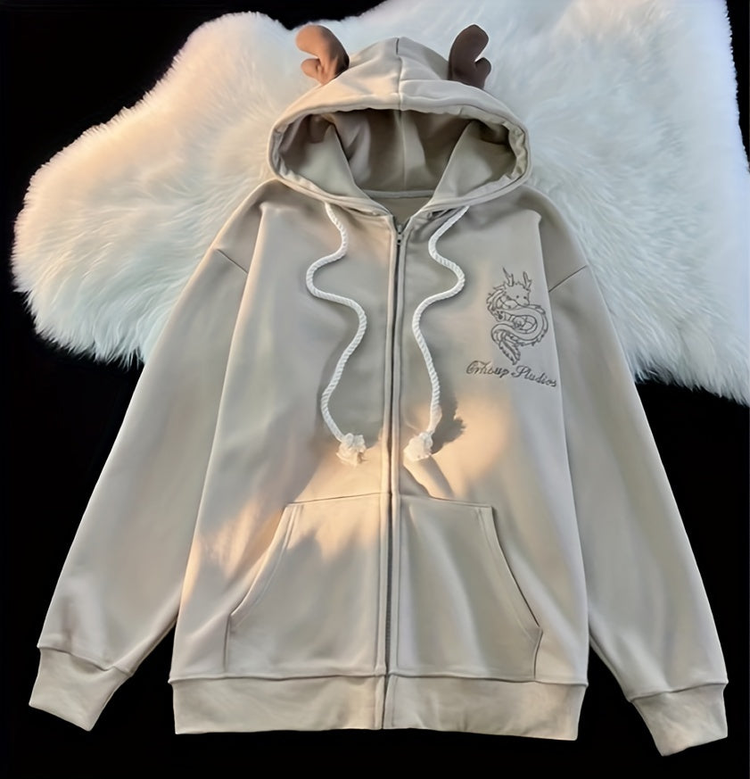 Women's Thick Fleece-Lined Hooded Sweatshirt with Intricate Dragon & Star Embroidery - Cozy Winter Pullover, Machine Washable Casual Outerwear, Cute Sweatshirts, Autumn Wardrobe, Trendy Hooded Top, Soft Fabric Construction