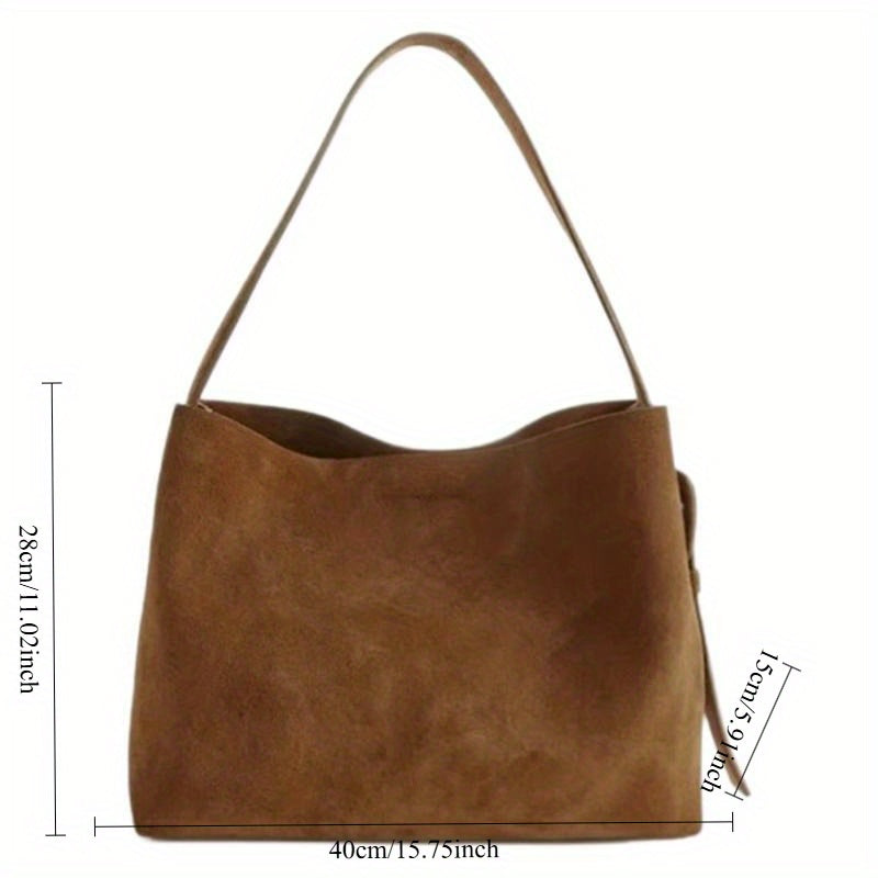 1pc Women's Large Capacity Matte Tote Bucket Bag - Elegant Brown (Coffee color) with Closure, Structured sides & Sturdy Strap - Hand Washable Faux suede-like texture for Work, Travel, Everyday Use - Spacious Handbag for Lapto