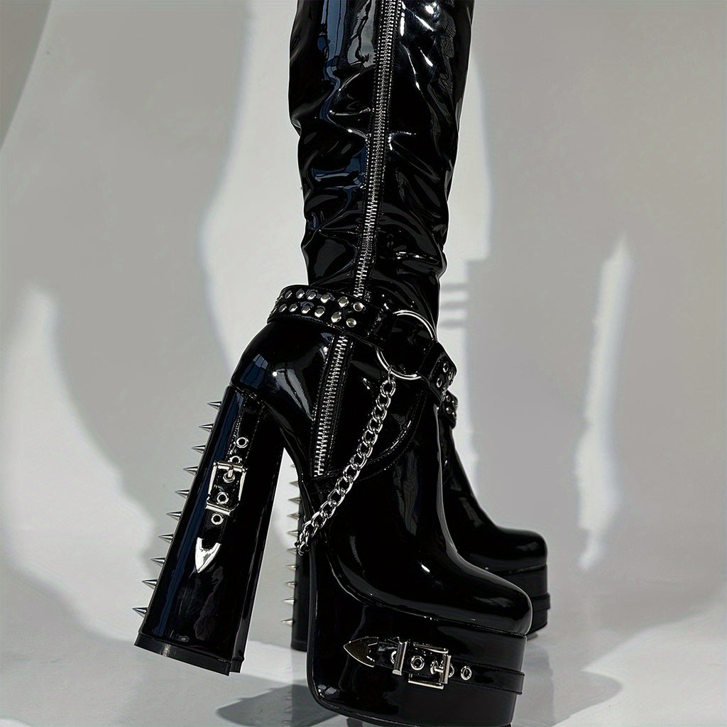 Black Rivet & Chain Studded Platform Knee-High Boots