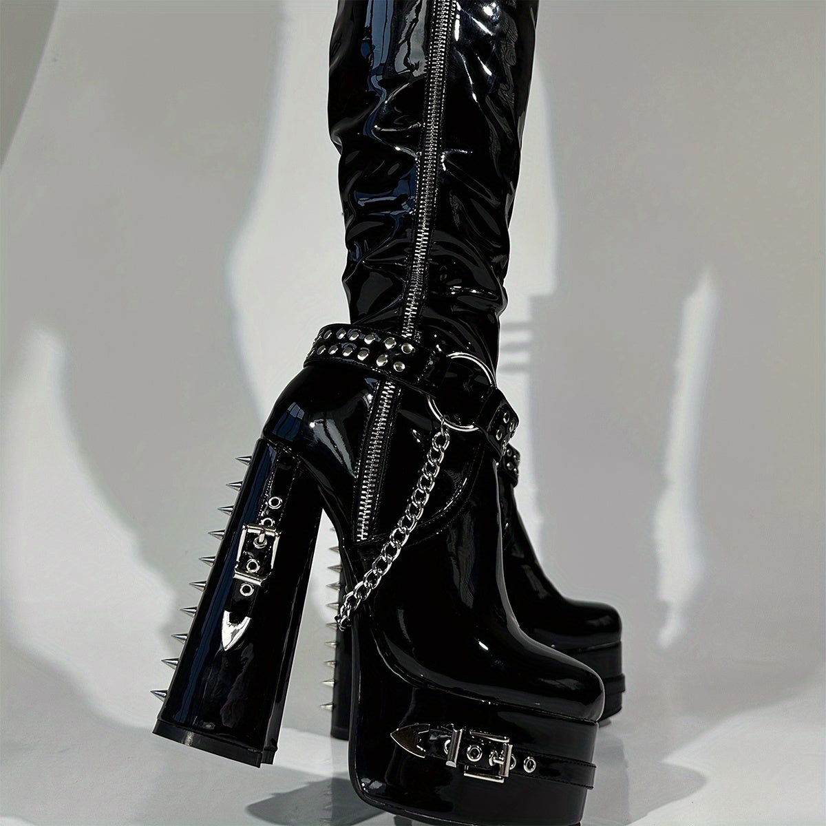 Black Rivet & Chain Studded Platform Knee-High Boots