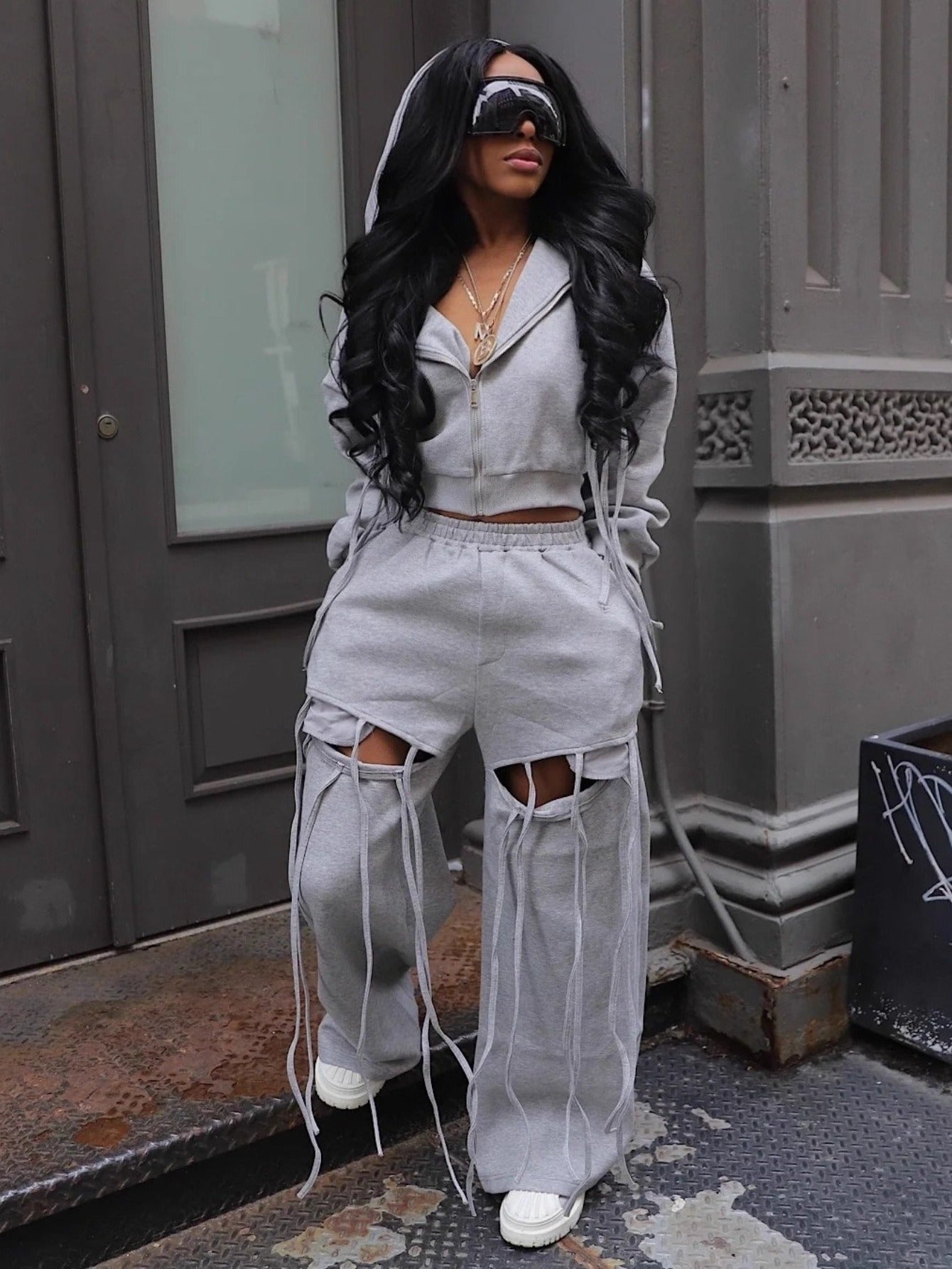 Hooded Zipper Sweatshirt Wide-Leg Hole Two-Piece Suit