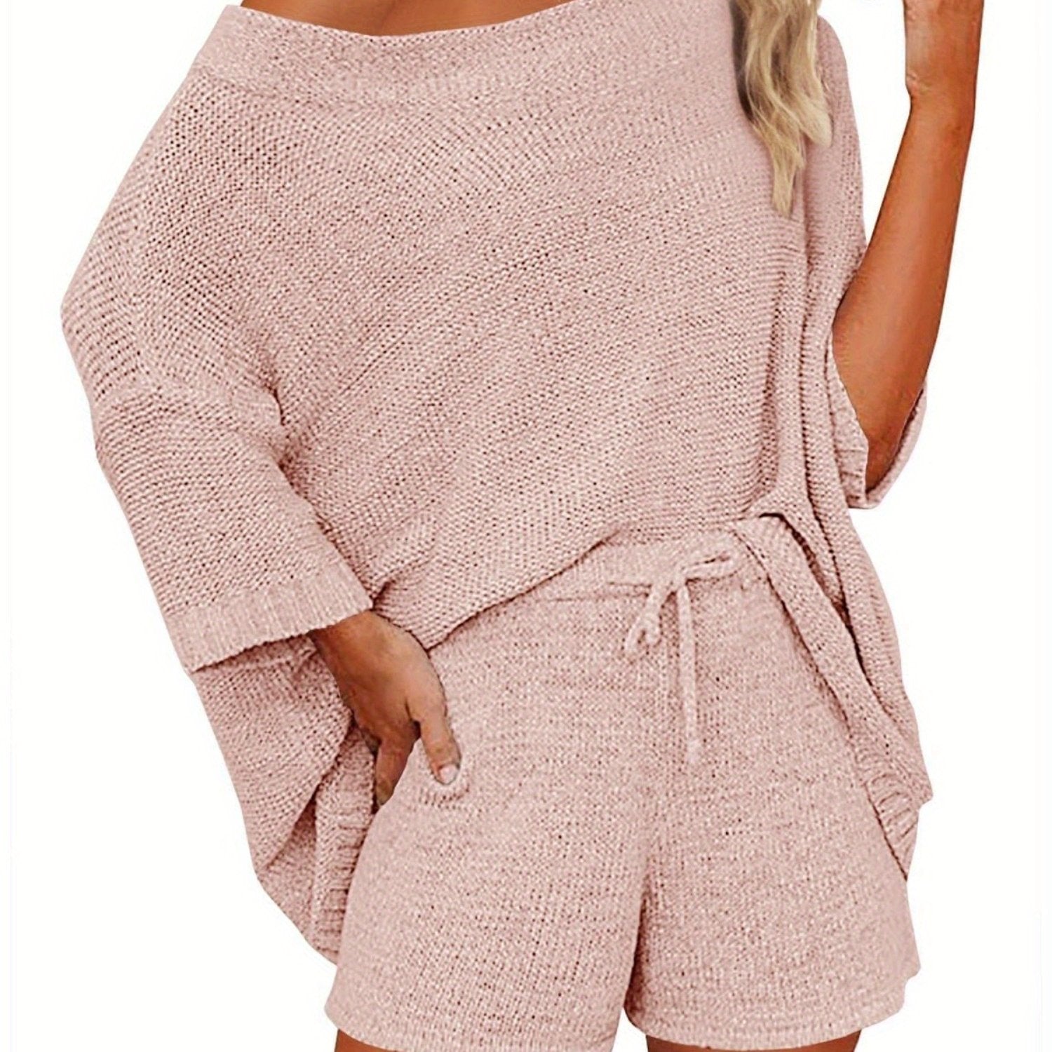 Women's 2pcs Outfits Sweater Sets Off Shoulder Knit Top Shorts Matching Suits Cute Pajama Lounge Set