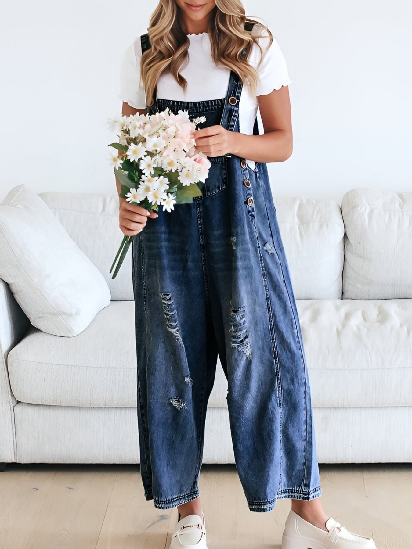 Distressed Denim Overalls