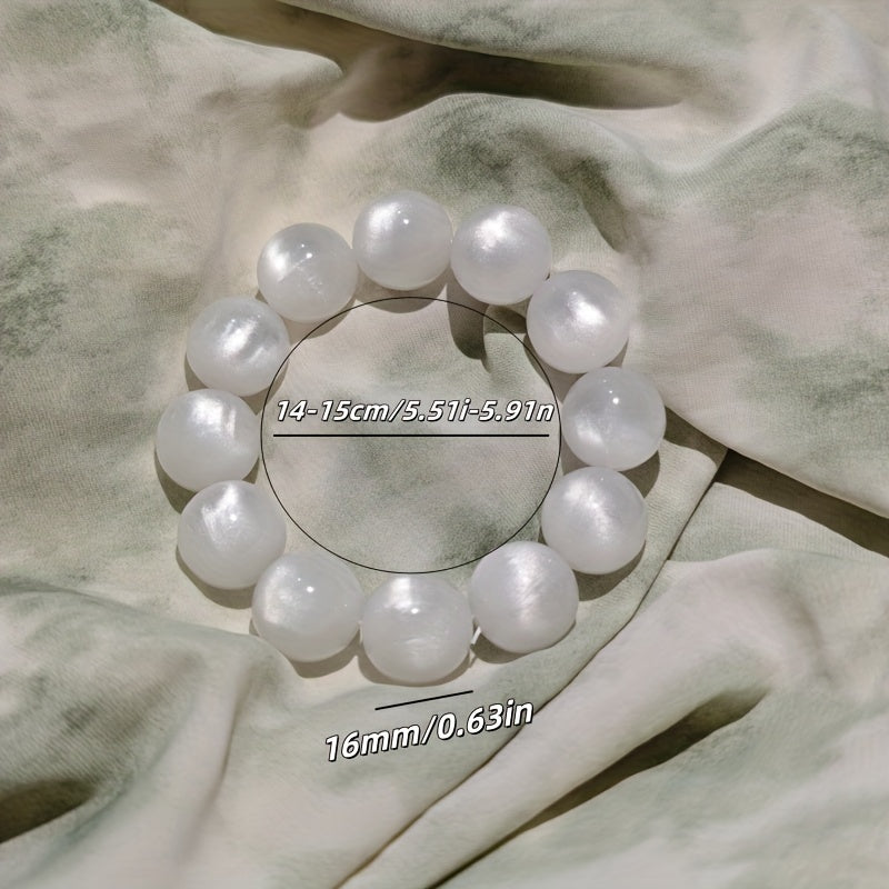 Elegant Bohemian White Cat's Eye Stone Resin Beads Bracelet - 16mm Large Smooth Spherical Beads