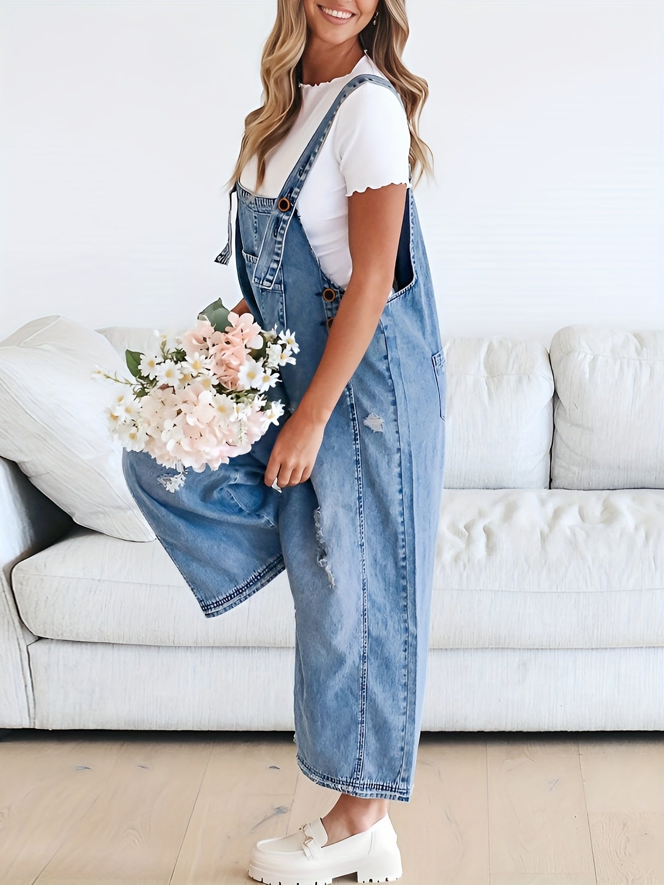 Distressed Denim Overalls