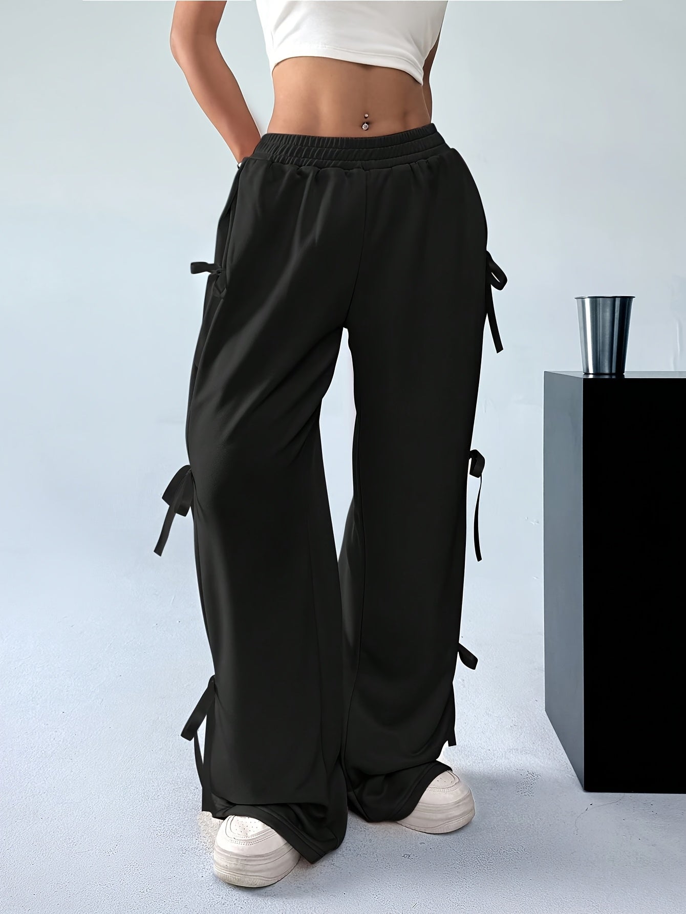 Elegant Side Bow Tie Straps & Back Pockets Stretchy Loose Straight Leg Pants