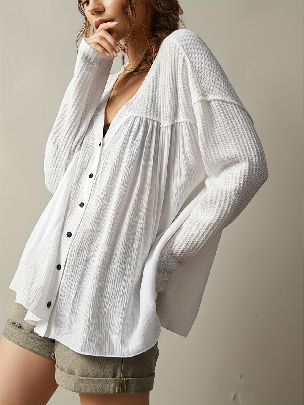 Oversized V-Neck Long-Sleeve Shirt