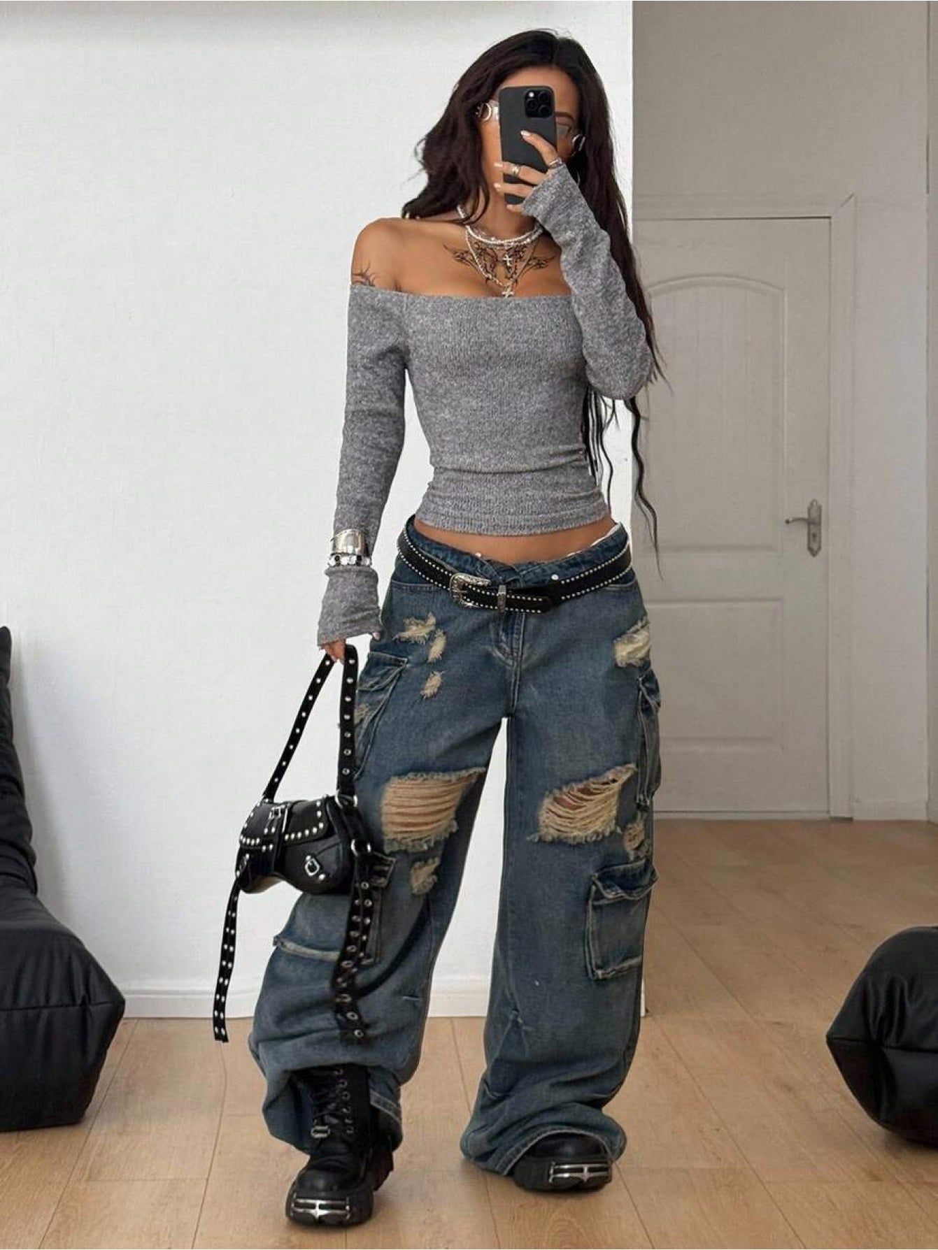 Women's Y2K Off-Shoulder/Boat Neck Long Sleeve T-Shirt - Slim-Fit X-Line Top with Letter Print, Grey Winter Blouse for Layering, Jeans & Dresses (Machine Washable) - Fall/Winter Fashion Staple, Loose Full Sleeves Tops For Wom