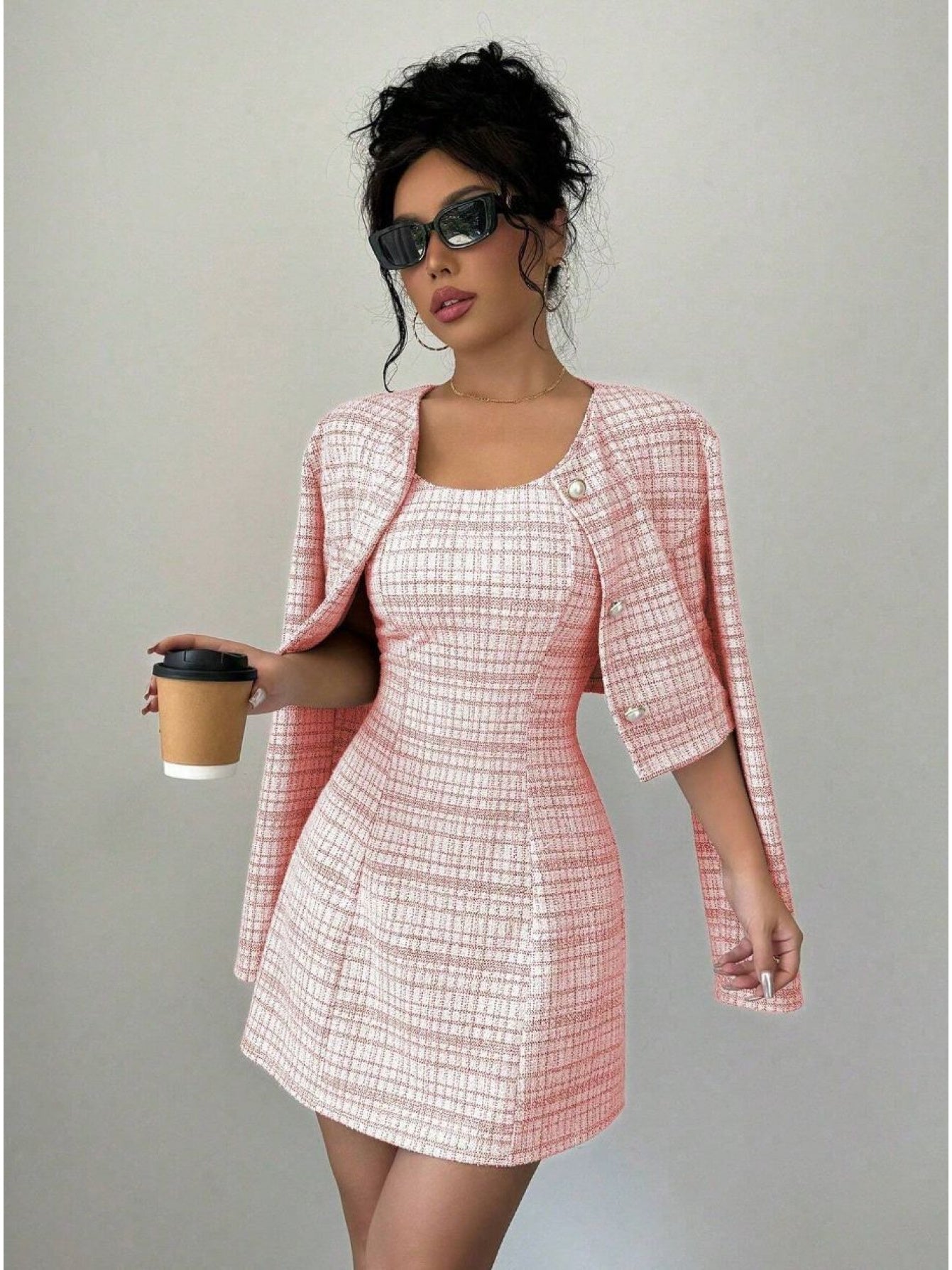 Women'S Fall/Winter Fashionable Elegant Dress Two- Piece Set- Single- Breasted Short Coat+ French Retro Tweed Dress