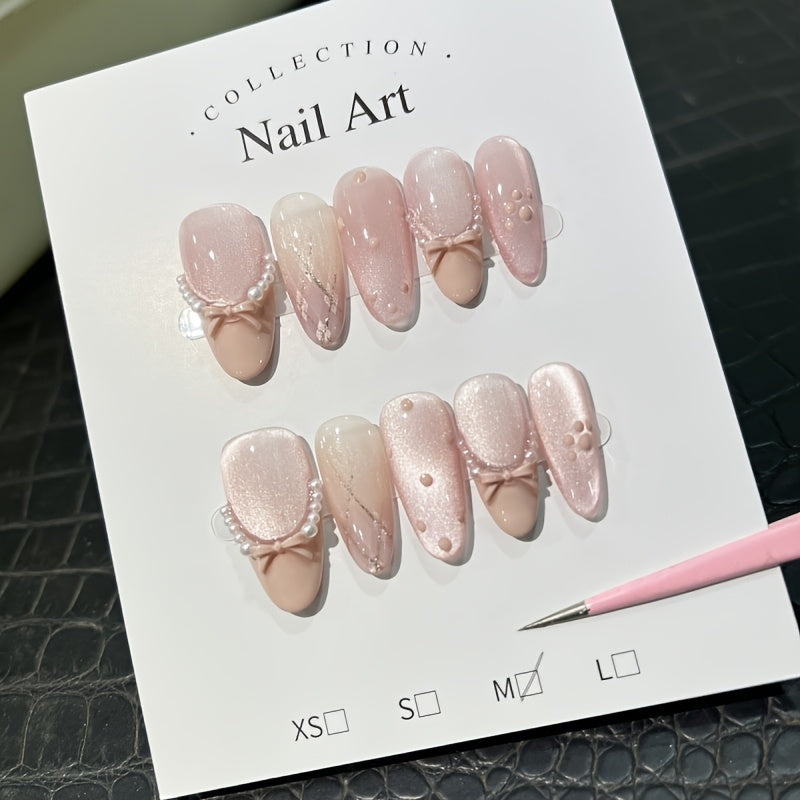 [10pcs} French-Style Pink Cat-Eye Bow Press-On Nails