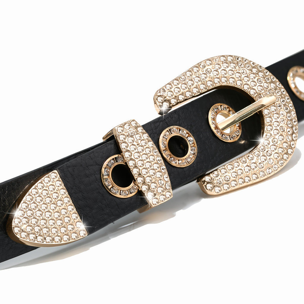 Faux Leather Belt with Studded Rhinestone Grommets