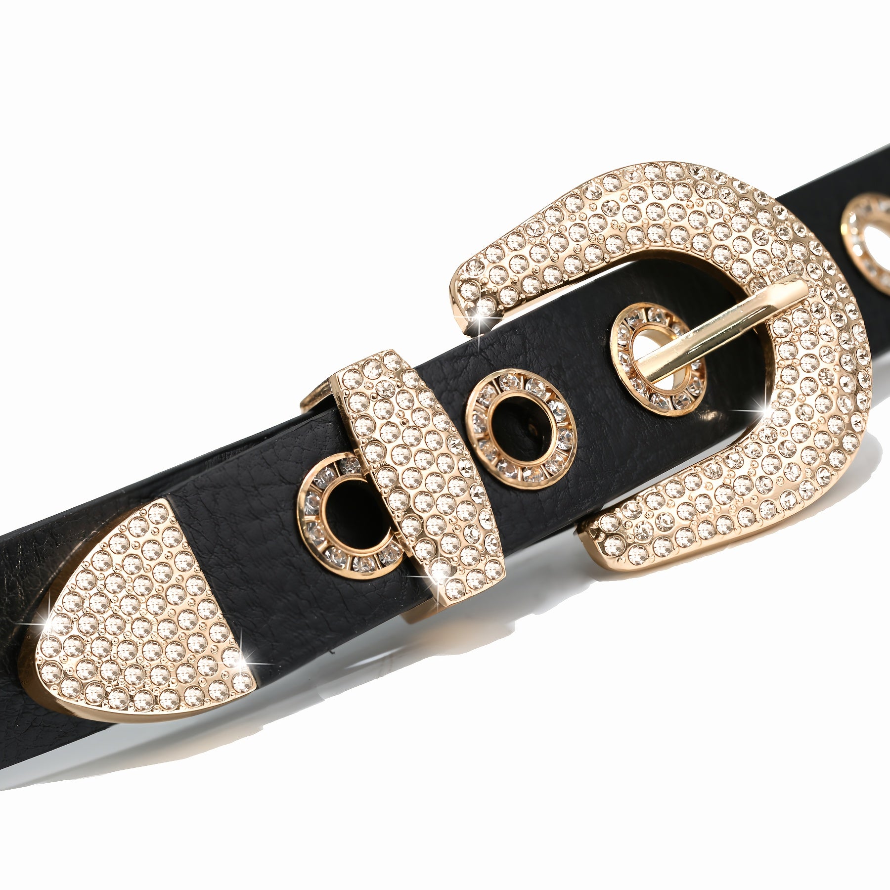 Faux Leather Belt with Studded Rhinestone Grommets