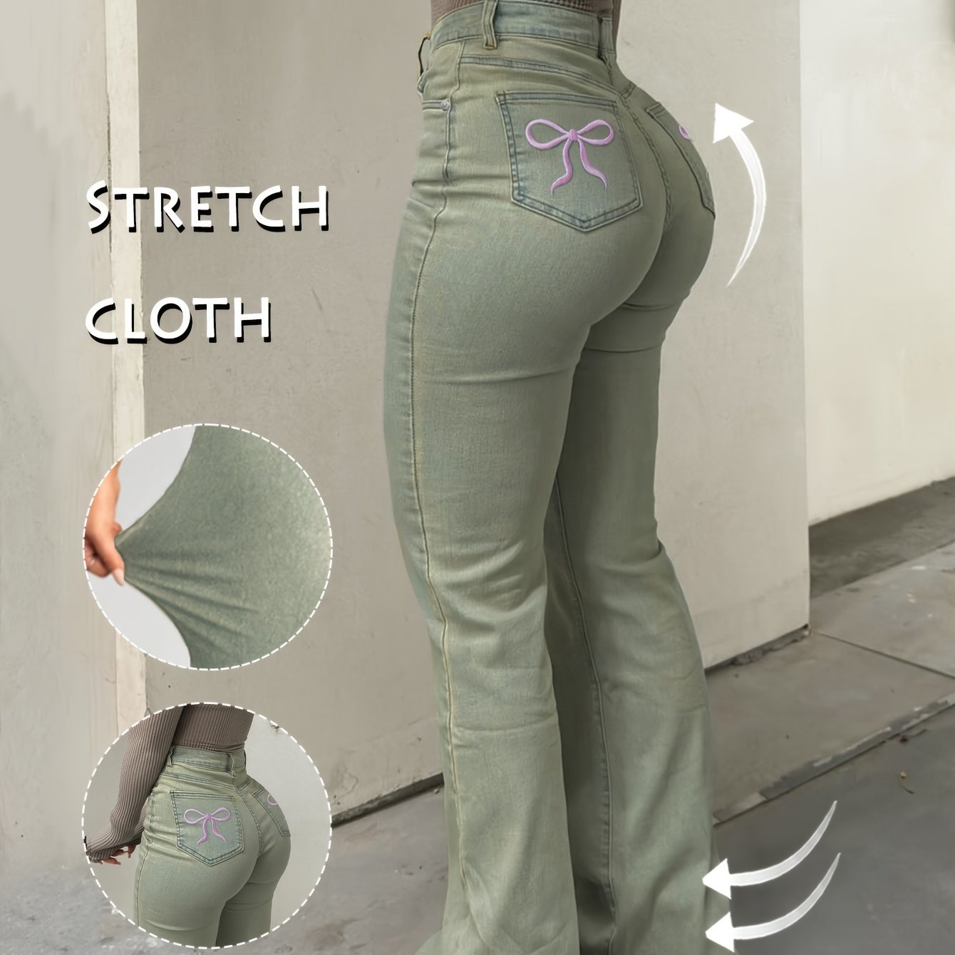 Women'S High-Waisted Stretch Denim Flare Jeans with Embroidered Bow Detail, Street Style Casual Pants, All-Season Comfort, Blue, High Waisted Jeans, Comfortable Fashion, Durable Fabric