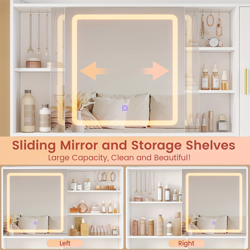 Makeup Vanity With Sliding LED Lighted Mirror And Charging Station