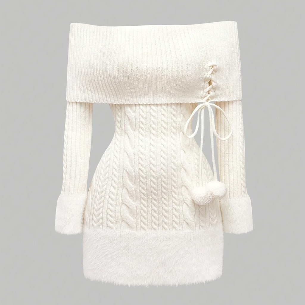 Women's Elegant Off-Shoulder Plush Ball Pendant Sweater Dress - Mid-Length Ribbed Party Dress with Adjustable Lace-Up Back, Fluffy Cuffs & Pompom Details for New Year, Valentine's Day, Special Occasions (Machine Washable), Dr