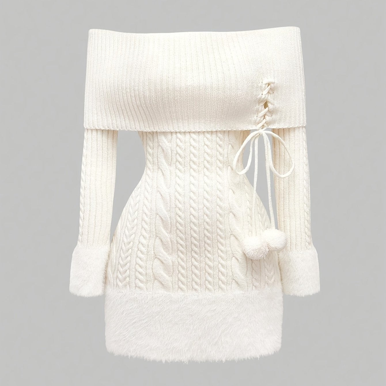 Women's Elegant Off-Shoulder Plush Ball Pendant Sweater Dress - Mid-Length Ribbed Party Dress with Adjustable Lace-Up Back, Fluffy Cuffs & Pompom Details for New Year, Valentine's Day, Special Occasions (Machine Washable), Dr