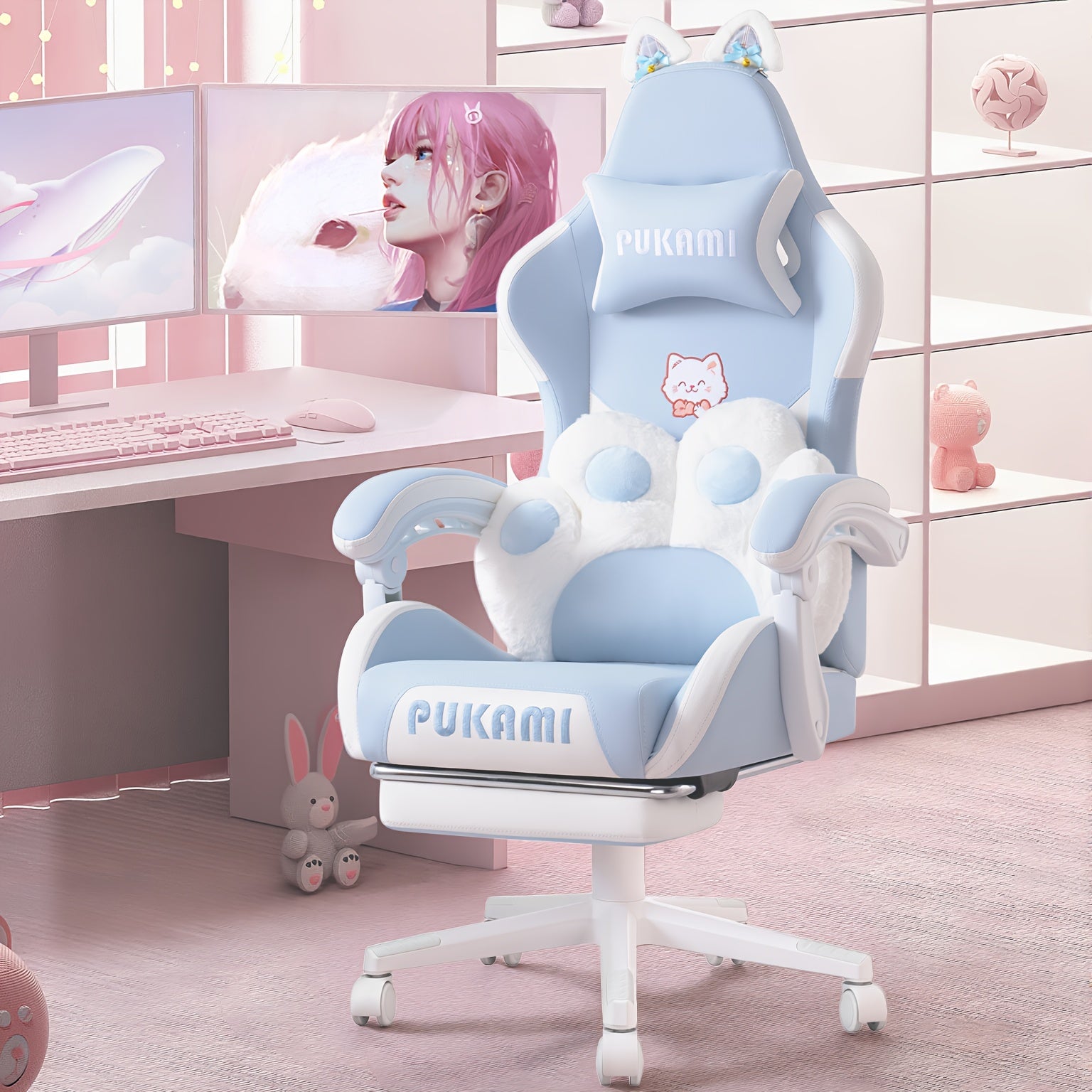 Pink Kawaii Cat Ear Gaming Chair with Paw Cushion