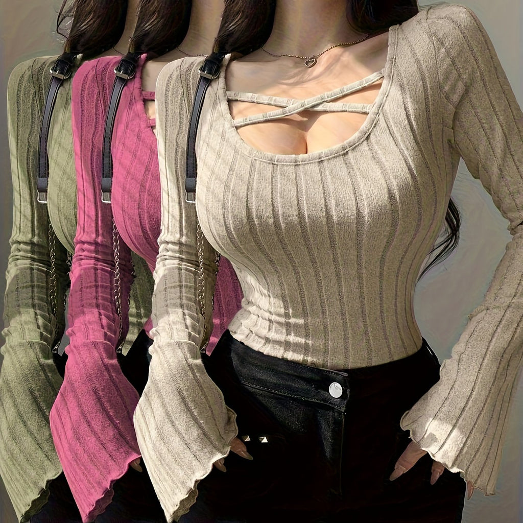 Women's 3pcs Y2K French Solid Color Tunic Set with Puffed Sleeve & Cross-Back Neckline - Long Sleeve Blouses, Wrinkle-Resistant & Machine Washable Winter Layering Outfits in Pink, Green, Beige, Brown, Black, White - Chic Casu