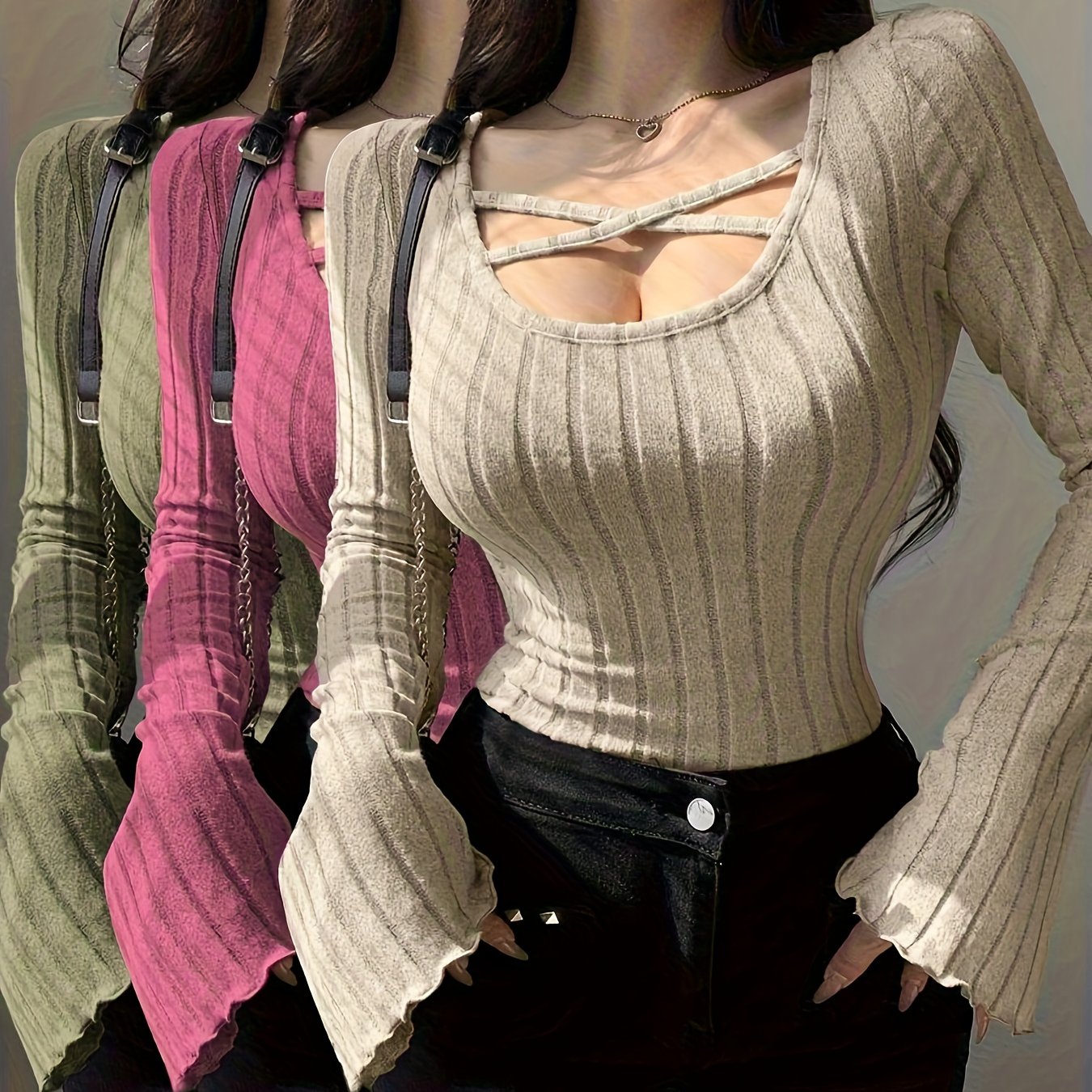 Women's 3pcs Y2K French Solid Color Tunic Set with Puffed Sleeve & Cross-Back Neckline - Long Sleeve Blouses, Wrinkle-Resistant & Machine Washable Winter Layering Outfits in Pink, Green, Beige, Brown, Black, White - Chic Casu