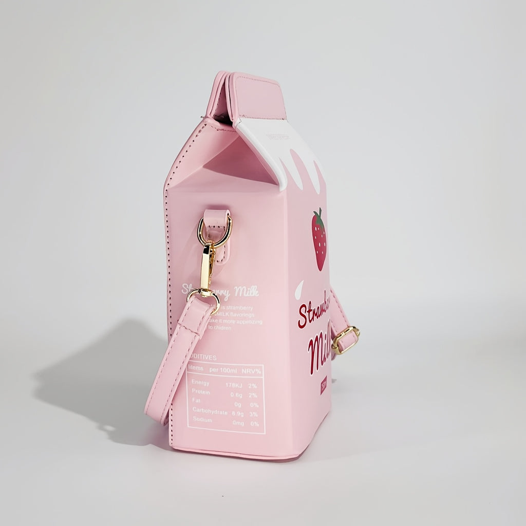 Women's Fashion Milk Carton-Shaped Letter and Cow Print Crossbody Bag with Adjustable Strap and Zipper Closure, Casual Commuter Satchel for Travel and Everyday Use - Strawberry Pattern Square Purse, Lightweight Handbag, Playf