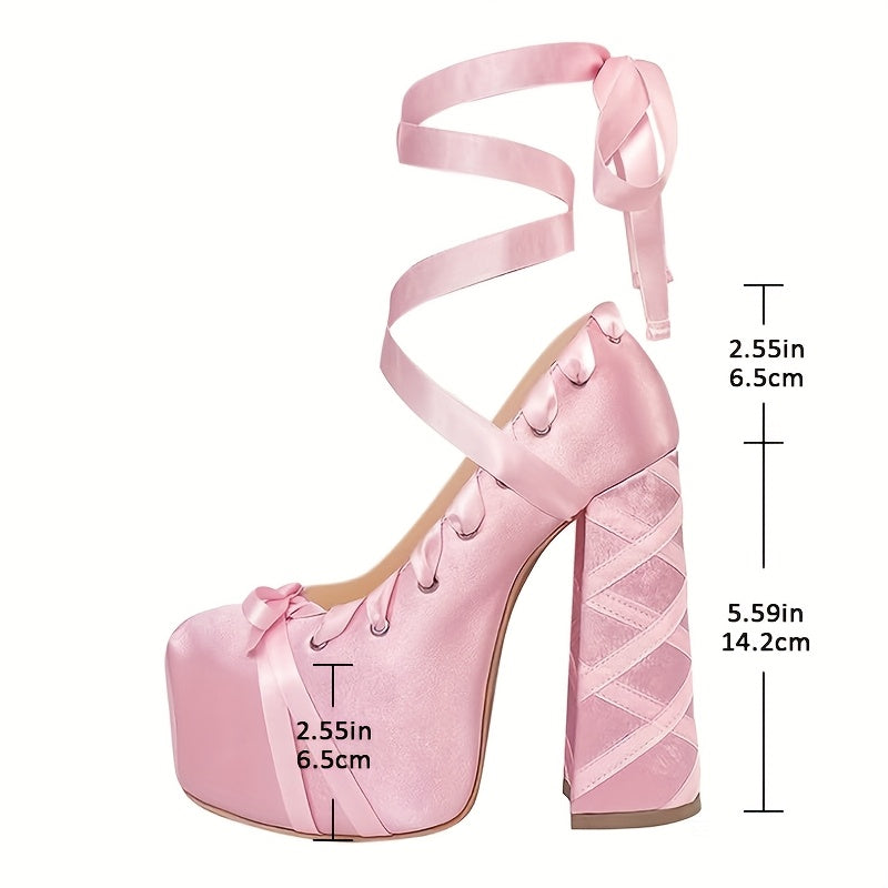 Mary Jane Platform Pumps with Lace-Up Bow Detail