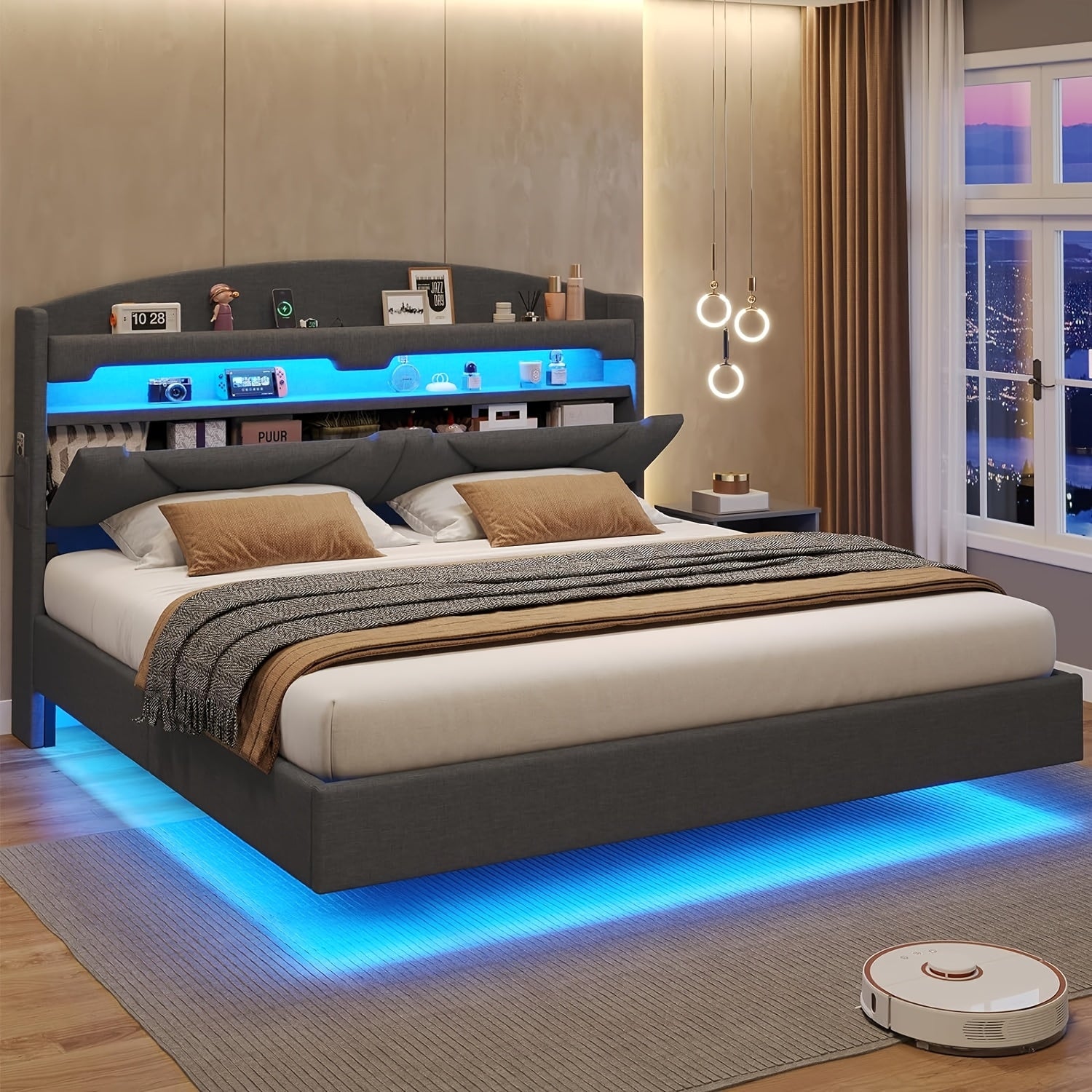 LED Bed Frame with USB Charging Station, Remote Control Floor Mounted Platform Bed with Storage Headboard