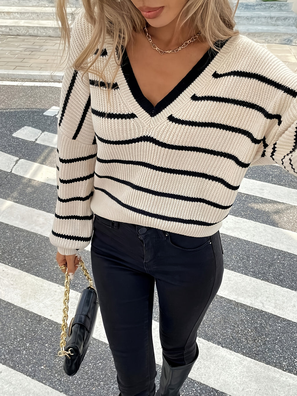 Women'S Elegant French-Inspired Striped V-Neck Sweater with Tie-Back Detail - Casual Long Sleeve Pullover for Fall/Winter, Black & White Vertical Stripes, Button-Up Front, Loose Fit, Casual Winter Wear | Vneck Sweater | Const