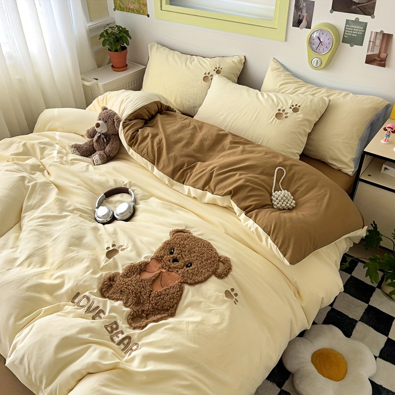 Teddy Bear Towel Bedding Set, Including 1 Duvet Cover, 1 Bed Sheet, And 2 Pillowcases