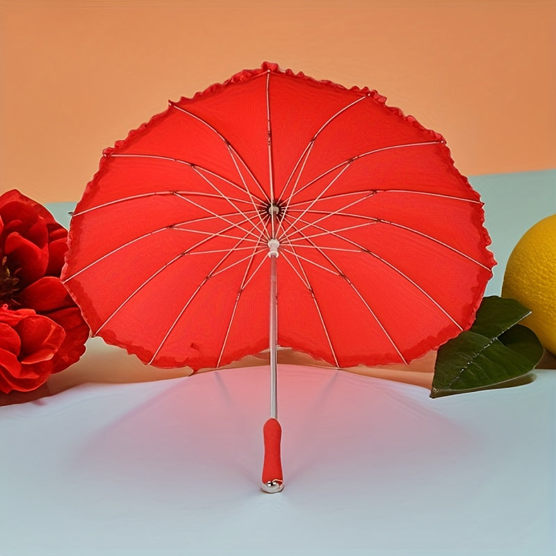 1pc Heart-Shaped Red Lace Umbrella with Floral Design - 16-Rib Manual Open/Close, Durable Plastic & Aluminum Alloy Frame, for Women, Perfect for Beach, Beach Umbrella