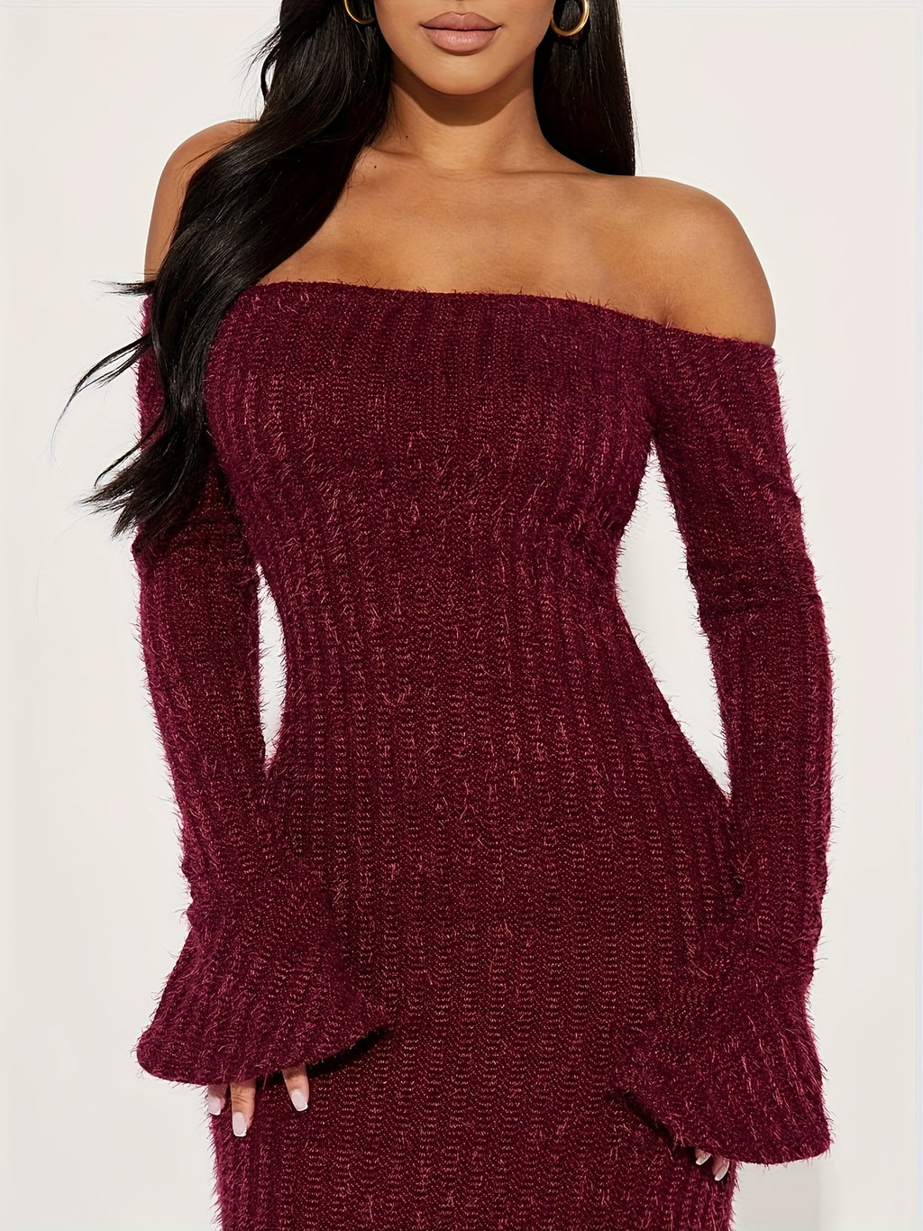 Off-the-Shoulder Burgundy Fuzzy Bodycon Dress