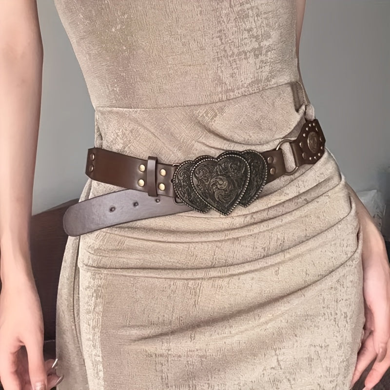 1pc Women's PU Leather Belt - Y2K Retro Bohemian Style Carved Wide Waistband with Heart-Shaped Buckle & Rivet Details, Versatile Trouser Belt for Daily Wear, Evening Out, Festive Occasions - All-Season Fashion Accessory, Even