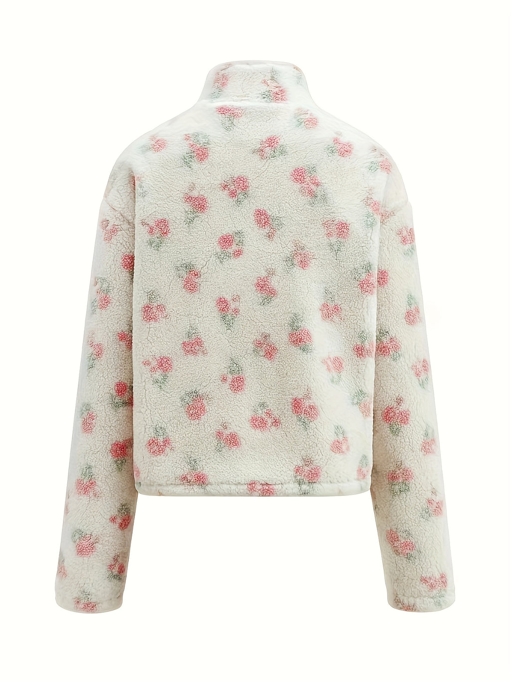 Women'S Floral Plush Cardigan Jacket - Cozy Fall/Winter Outerwear with Drop Shoulder Sleeves, Zip-Up Design, and Button Details, Lightweight & Warm for Casual Wear, Casual Wear Jacket | Floral Cardigan | Zippered Jacket