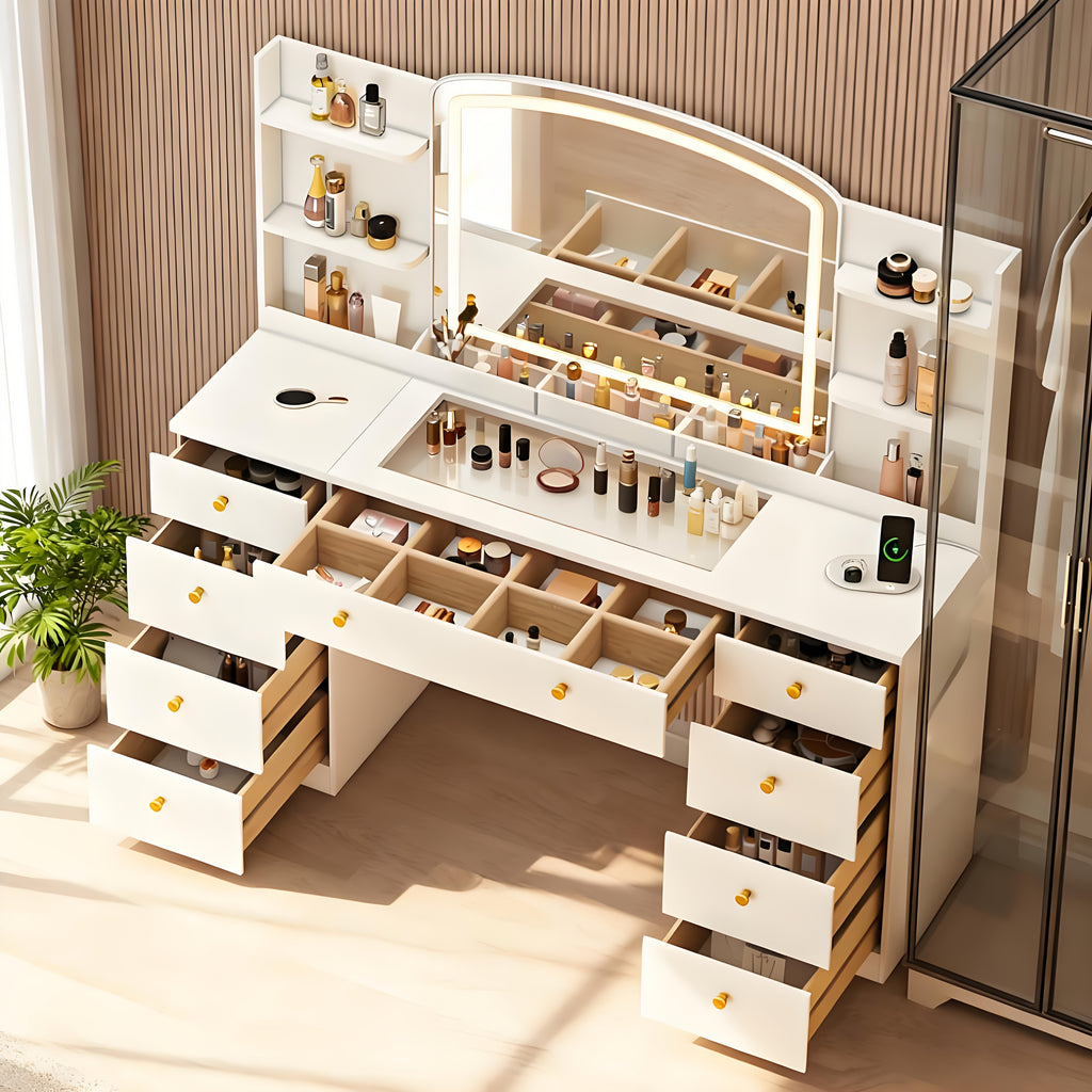 Modern White Makeup Vanity Desk with Large LED Mirror & Charging Station