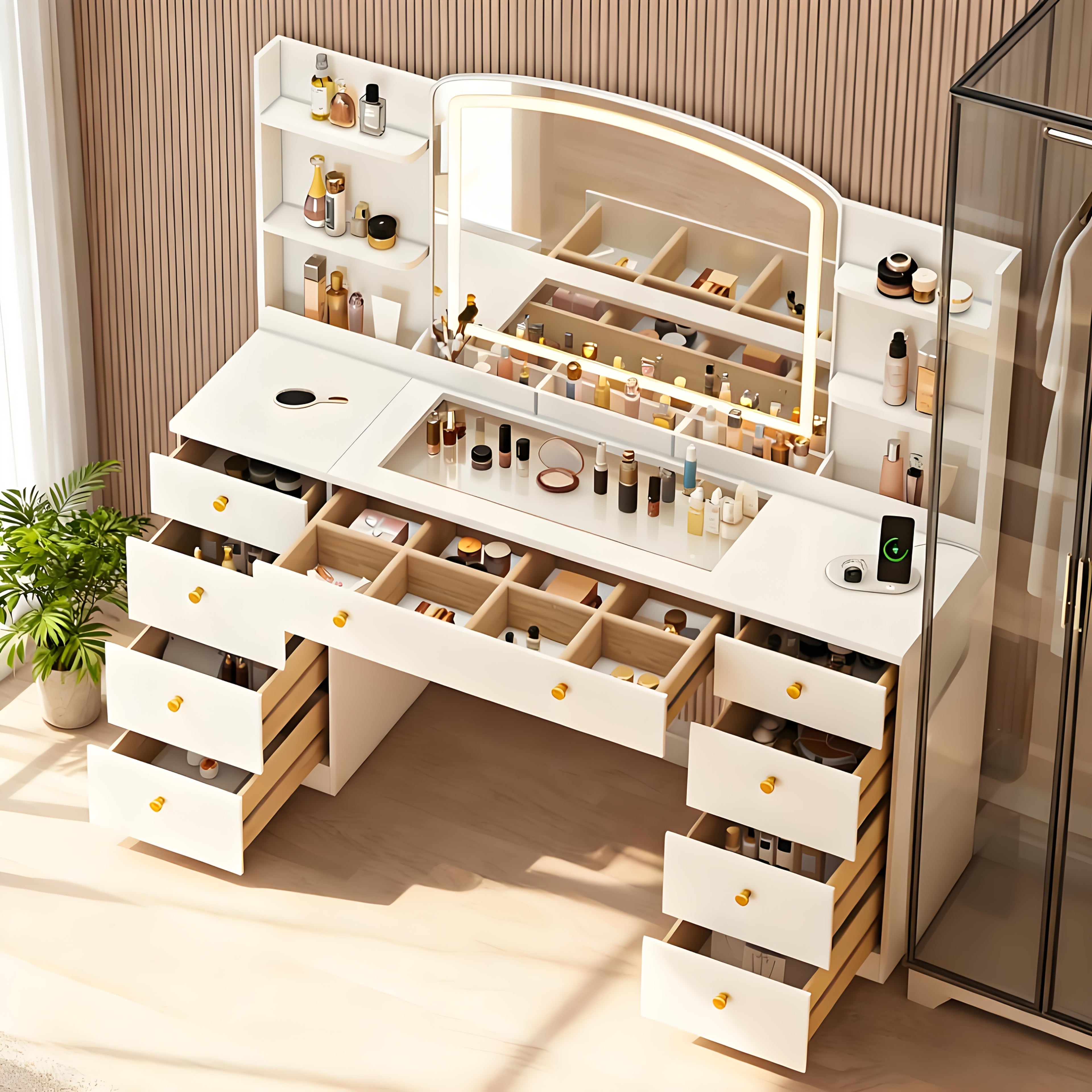 Modern White Makeup Vanity Desk with Large LED Mirror & Charging Station
