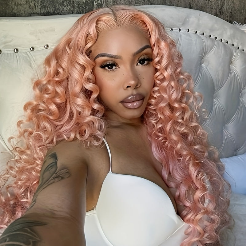 13x4 Pink Wigs Deep Wave Curly Wave Lace Front Wigs HD Lace Glueless Lace Front Wig Pre Plucked Heat Resistant Fiber Wig For Fashion Women Girls Party Vacation Daily Used Valentine'S Day 28inch