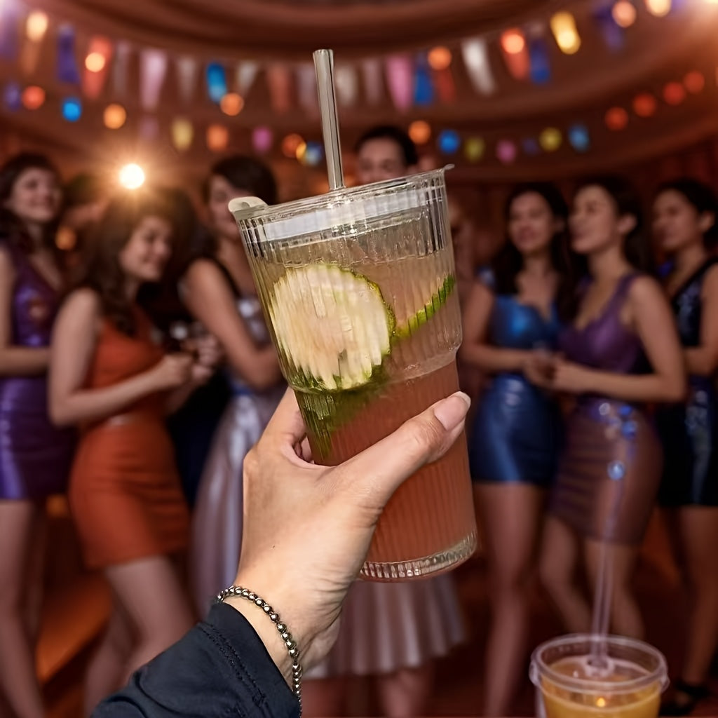 {1/2/4pcs] LDQ Striped Glass Cups with Straws & Lids