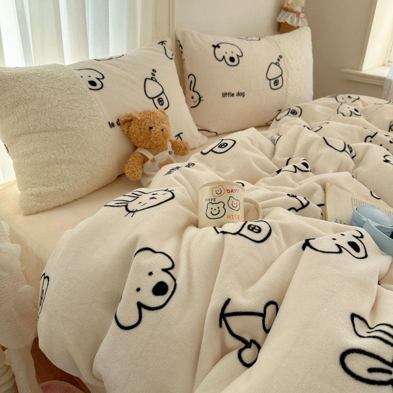 {3/4pcs} Cartoon Lambskin + Milk Velvet Set